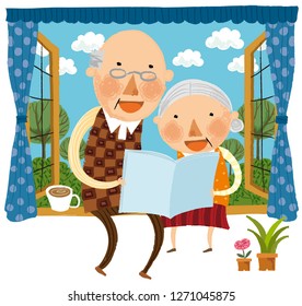 Elderly couple sitting on window wall reading book