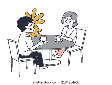 An elderly couple sitting at a table and drinking tea Scenery at a coffee shop or cafe

