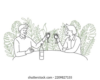 Elderly couple sitting at table drinking wine together. Smiling old man and woman enjoy date in restaurant. Love and relationships has no age. Vector illustration. 