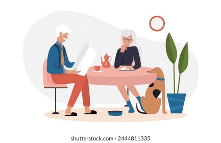 Pareja de ancianos sentados a la mesa. Hombre mayor leyendo el periódico, mujer mayor bebiendo té Ilustración vectorial de dibujos animados