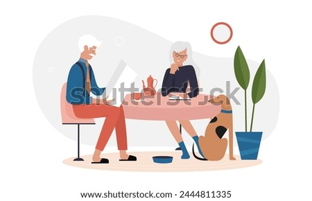 Elderly couple sitting at table. Senior man reading newspaper, senior woman drinking tea cartoon vector illustration
