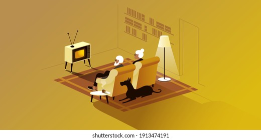 An elderly couple is sitting and watching TV with the dog. Isometric vector illustration.