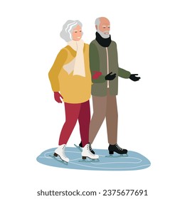 An elderly couple is skating on an ice rink outdoors. Active elderly man and woman. Active winter sports and recreation. Vector illustration on a white background.