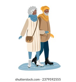 An elderly couple is skating on an ice rink outdoors. Active elderly man and woman. Active winter sports and recreation. Vector illustration on a white background.