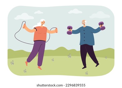 Elderly couple with skipping rope and dumbbells outside. Active senior man and woman exercising in nature together vector illustration. Healthy lifestyle, recreation, sports, retirement concept