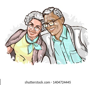 Elderly couple smiling. Gray haired old woman and  Gray haired old man  embrace tenderly. Feeling happy of granddaddy and grandmother retirement age. 