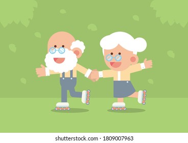 Elderly couple smiling, holding hands and skating on rollerblades outdoor with trees and falling leaves in cute flat cartoon style