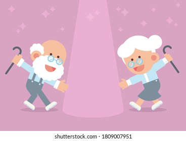 Elderly couple smiling, holding walking cane and dancing happily together with spotlight and twinkle in cute flat cartoon style