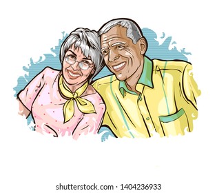 Elderly couple smiling. Old woman and old man couple embrace tenderly. Feeling happy of granddaddy and grandmother retirement age. 