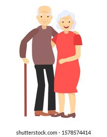 Elderly couple smiling. Old woman and old man couple embrace affectionately. Feeling happy of grandpa and grandmother retirement Age. Vector illustration isolated white background.