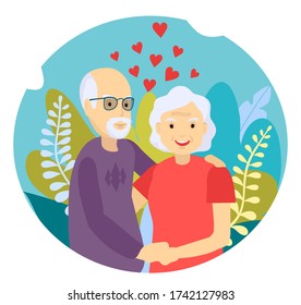 Elderly couple smiling. Old woman and old man couple embrace affectionately. Feeling happy of grandpa and grandmother retirement Age. Cheerful old male and female portrait in love. Vector illustration