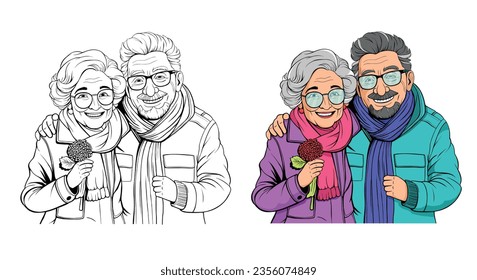 Elderly couple smiling. Old woman and old man couple embrace affectionately.