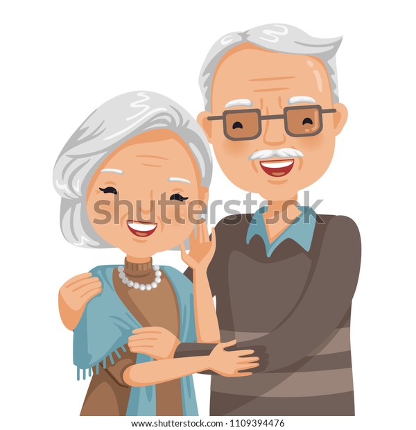 年配の夫婦が笑っている 老婆と老夫婦は愛情を込めて抱きしめる おじいちゃんとおばあさんが定年で幸せな気持ち 白い背景にベクターイラスト のベクター画像素材 ロイヤリティフリー
