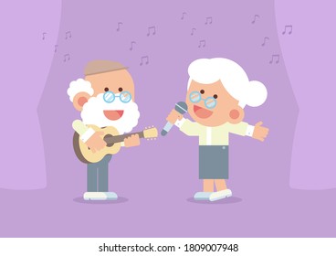 Elderly couple smiling, playing guitar and singing happily with curtain and musical notes in cute flat cartoon style