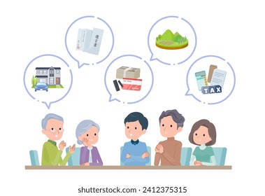 Elderly couple and son and daughter talking.Asset icon.Vector art that is easy to edit.