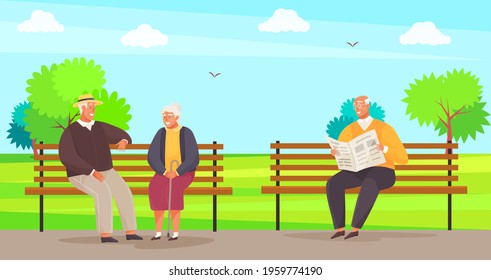 Elderly couple spend time in city park sitting on bench. Man sitting and reading newspaper in garden. Rest of old-aged people outdoors. Grandmother and grandfather talking while sitting on bench