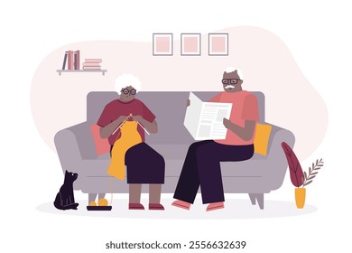 Elderly couple spending a relaxing day enjoying their hobbies sitting in the living room at home knitting and reading. Aged people together, african american grandparents. flat vector illustration