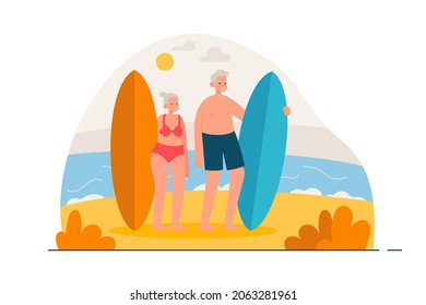 Elderly couple spending time at the beach with surfboards. Happy aged man and woman on summer vacation. Active retirement, sport and healthy lifestyle concept. Modern flat vector illustration