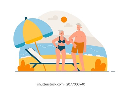 Una pareja de ancianos pasa su tiempo en la playa. Feliz hombre y mujer mayores en vacaciones de verano. El concepto de jubilación activa y estilo de vida saludable. Ilustración vectorial plana moderna
