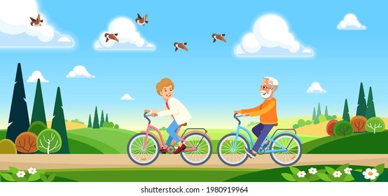 Elderly couple spends time outdoors. Cartoon vector illustration of happy senior man and woman cycling in the background of a beautiful summer landscape. Grandfather and grandmother riding a bicycle.