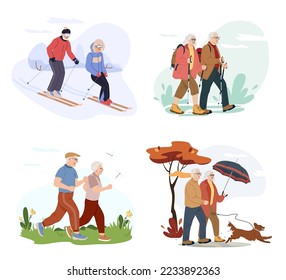 Elderly couple spends time outdoors in different season. Active retirement. Cartoon happy senior man and woman enjoying outdoor physical activity. Vector flat illustration isolated on white.