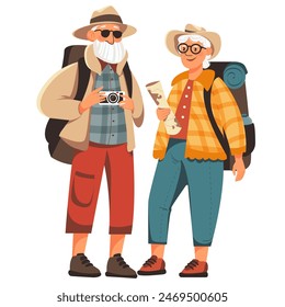 An elderly couple spends time outdoors. Vector illustration of a cartoon happy elderly man and woman hiking with backpacks and tent. Isolated on white background