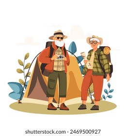 An elderly couple spends time outdoors. Vector illustration of a cartoon happy elderly man and woman hiking with backpacks and tent. Isolated on white background