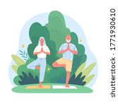 Elderly couple spends time outdoors.Vector illustration of cartoon happy senior man and woman doing yoga balance exercises  in summer park. Isolated on background
