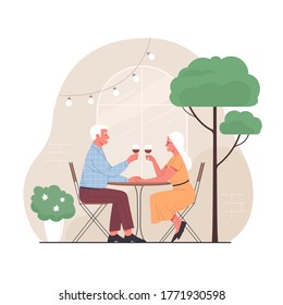 Elderly couple spends time outdoors.Vector illustration of cartoon happy senior man and woman sitting at the restaurant terrace with glasses of wine. Isolated on background