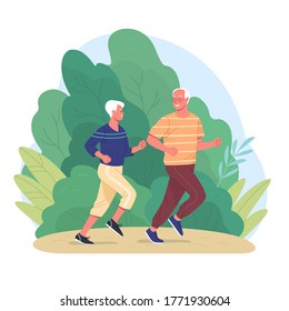 Elderly Couple Spends Time Outdoors.Vector Illustration Of Cartoon Happy Senior Man And Woman Jogging  In Summer Park. Isolated On Background