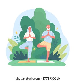 Elderly couple spends time outdoors.Vector illustration of cartoon happy senior man and woman doing yoga balance exercises  in summer park. Isolated on background