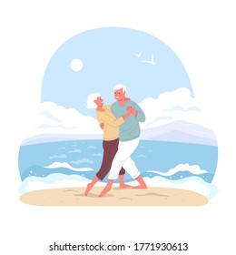 Elderly couple spends time outdoors.Vector illustration of cartoon happy senior man and woman dancing by the sea. Isolated on background