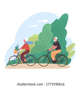 Elderly couple spends time outdoors.Vector illustration of cartoon happy senior man and woman cycling in summer park. Isolated on background