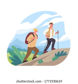 Elderly couple spends time outdoors.Vector illustration of cartoon happy senior man and woman hiking in mountains with backpack and walking poles. Isolated on background