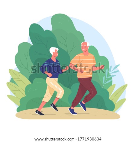 Elderly couple spends time outdoors.Vector illustration of cartoon happy senior man and woman jogging  in summer park. Isolated on background