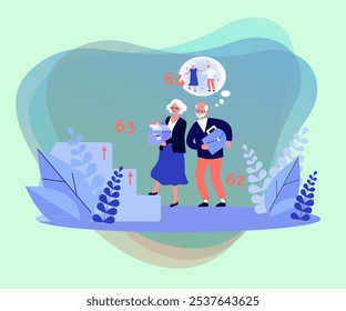 Pareja de ancianos y escalera hacia el aumento de la edad de jubilación. Viejo trabajador pensando en una vida jubilada feliz con su esposa Ilustración vectorial. Jubilación, vida adulta mayor, concepto de reforma de pensiones