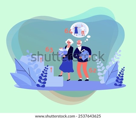 Elderly couple and staircase towards increased retirement age. Old working man thinking of happy retired life with wife vector illustration. Retirement, senior life, pension reform concept