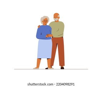 La pareja de ancianos se mantiene unida y coge de la mano. Los hombres y mujeres de mayor edad se apoyan mutuamente. Concepto de autocuidado para personas maduras. Ilustración del vector