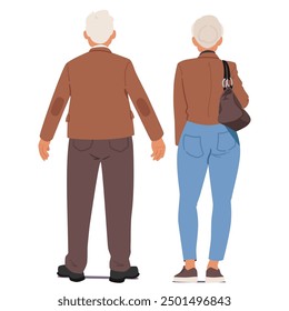 Pareja de ancianos de pie Vista posterior Posición. Personajes Senior Masculinos Y Femeninos Vestidos Con Ropa Casual. La Ilustración vectorial De Dibujos Animados Se Centra En La Unión Y La Compañía De Las Viejas Personas