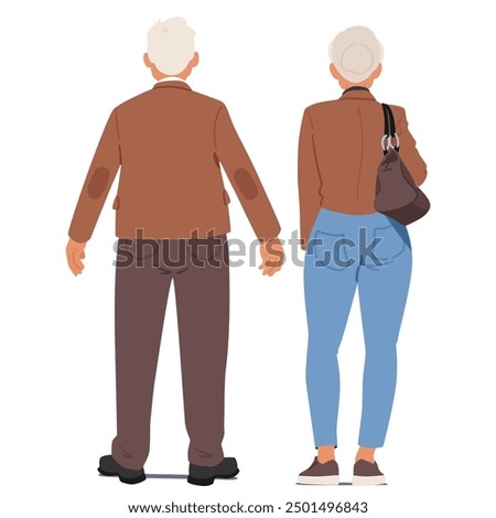 Elderly Couple Standing Back View Position. Senior Male And Female Characters Dressed In Casual Clothing. Cartoon Vector Illustration Focuses On The Togetherness And Companionship Of The Old People