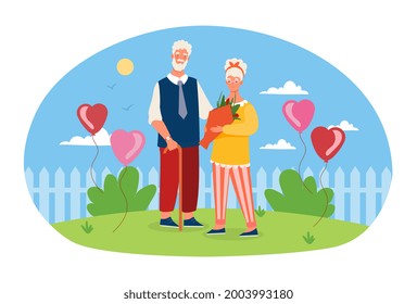 Elderly couple is standing with flowers with blue sky on the background. Happy family, old grey spouses. Grandparents living in suburbs. Woman in love with husband. Flat cartoon vector illustration