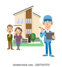 An Elderly Couple Standing In Front Of A House And A Man In Work Clothes Checking With A Magnifying Glass