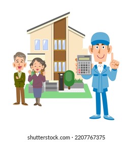 An Elderly Couple Standing In Front Of A House And A Man In Work Clothes Holding A Calculator