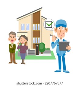 An Elderly Couple Standing In Front Of A House And A Man In Work Clothes Holding A Checklist