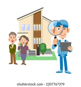 An Elderly Couple Standing In Front Of A House And A Man In Work Clothes Checking With A Magnifying Glass