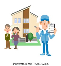 An Elderly Couple Standing In Front Of A House And A Man In Work Clothes Showing A Checklist