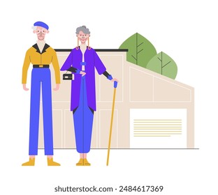 An elderly couple standing in front of a house with trees in the background, symbolizing retirement and peaceful living. They bought the house a long time ago and are now enjoying their golden years.