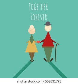 Elderly couple standing, Hold the waist together and looking to sunset. Love and take care together. love forever. Flat vector illustration