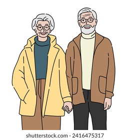 Elderly couple standing and holding hands. Romantic relationship concept. Hand drawn vector illustration