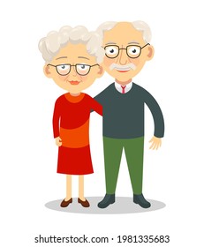 Elderly couple standing and hugging. Grandparents characters. Old spouses vector illustration
